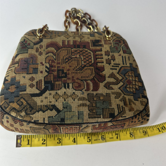 Vtg Morris Moskowitz Bag Tapestry Mini Purse Tortoise Chain Snap Closure Handbag - Picture 10 of 15